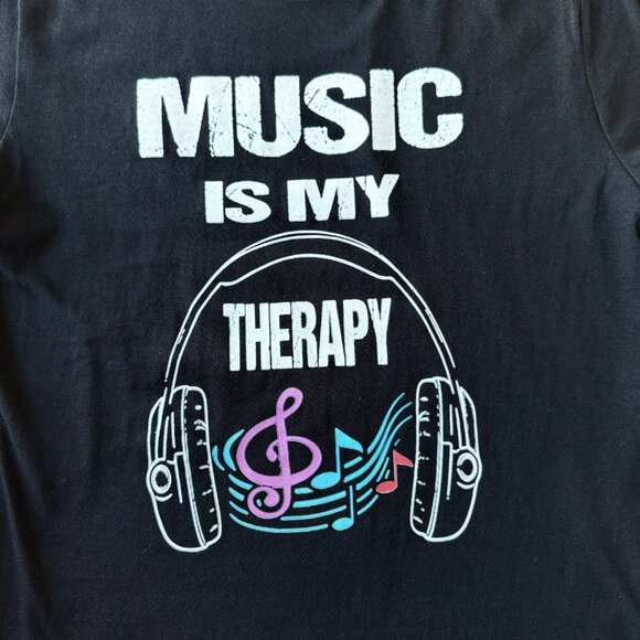 Music Is My Therapy T Shirt Size M Black Graphic Tee Headphones Treble Clef Note - Picture 4 of 11